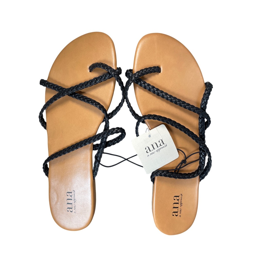 ANA Strappy Braided Thong Sandals Black Tan Flat Toe Loop Womens 10M 029-0183
